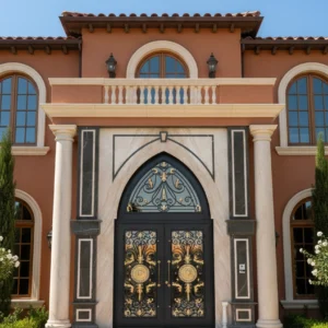 Camlı ve dekoratif motifli ferforje bina kapısı modelleri, Savfer Metal kalitesi.