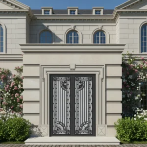 Modern ve klasik çizgilerle harmanlanmış Savfer ferforje apartman giriş kapısı.