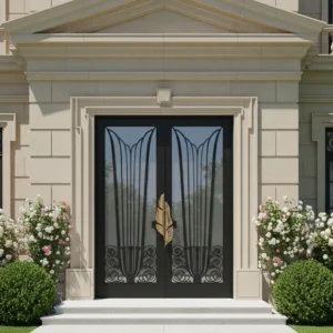 Siyah fırın boyalı, altın varak işlemeli Savfer ferforje giriş kapısı modeli.