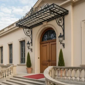 Ferforje Sundurma ve Kanopi İş yeri ve ofis girişleri için ağır işçilikli ferforje markiz, Savfer.