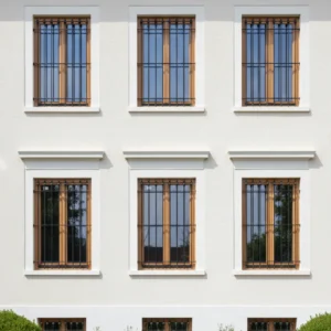 Dekoratif motifli ferforje pencere korkuluğu, klasik bina dış cephe tasarımları