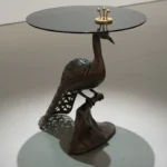 Dekoratif ferforje tavus kuşu orta sehpa ve mermer tablalı dövme demir yan sehpa – Savfer.