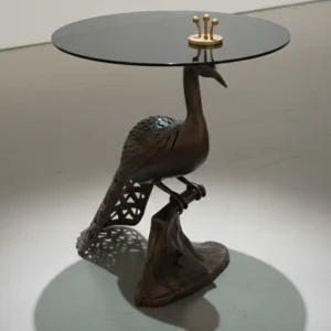 Dekoratif ferforje tavus kuşu orta sehpa ve mermer tablalı dövme demir yan sehpa – Savfer.